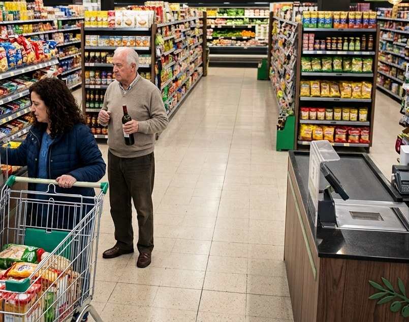 Caja de un supermercado moderno con clientes y pasillos ordenados